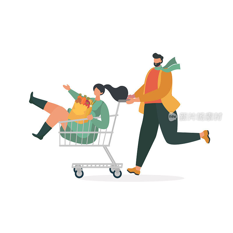 Running man pushing shopping cart with woman after order complete. Online store shopping.